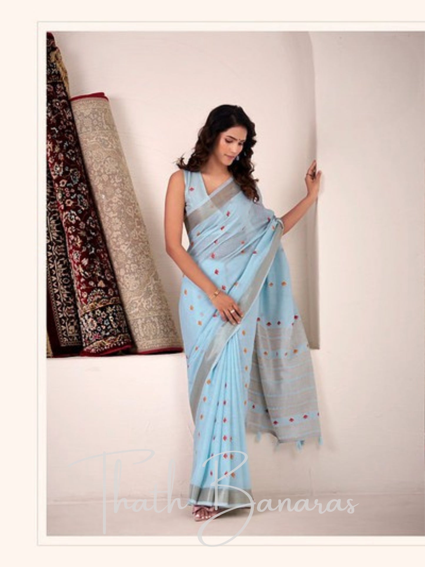 Turquoise Blue Woven Linen Saree