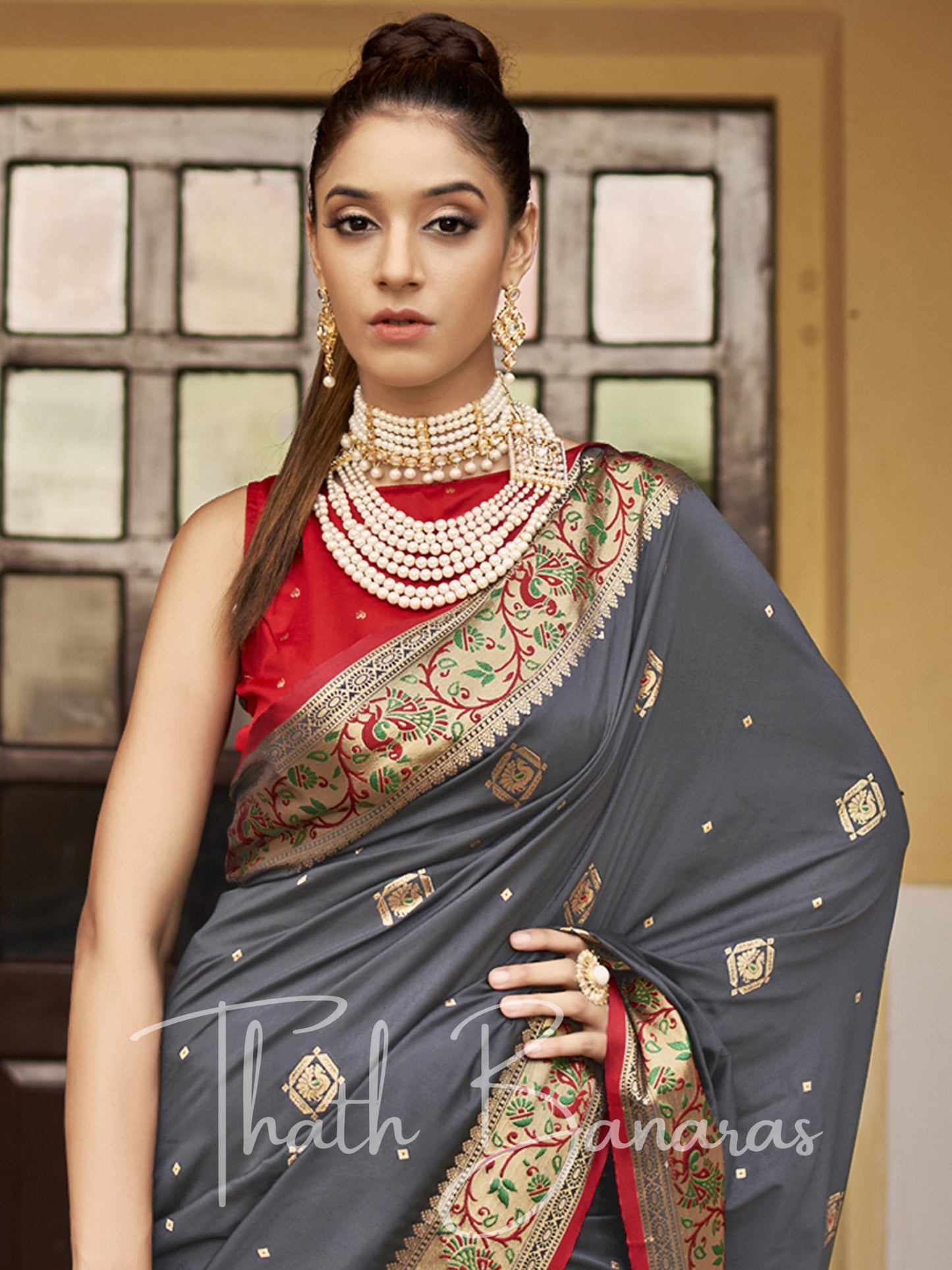 Grey and red Soft Silk Weaving with contrast Blouse and Designer Pallu