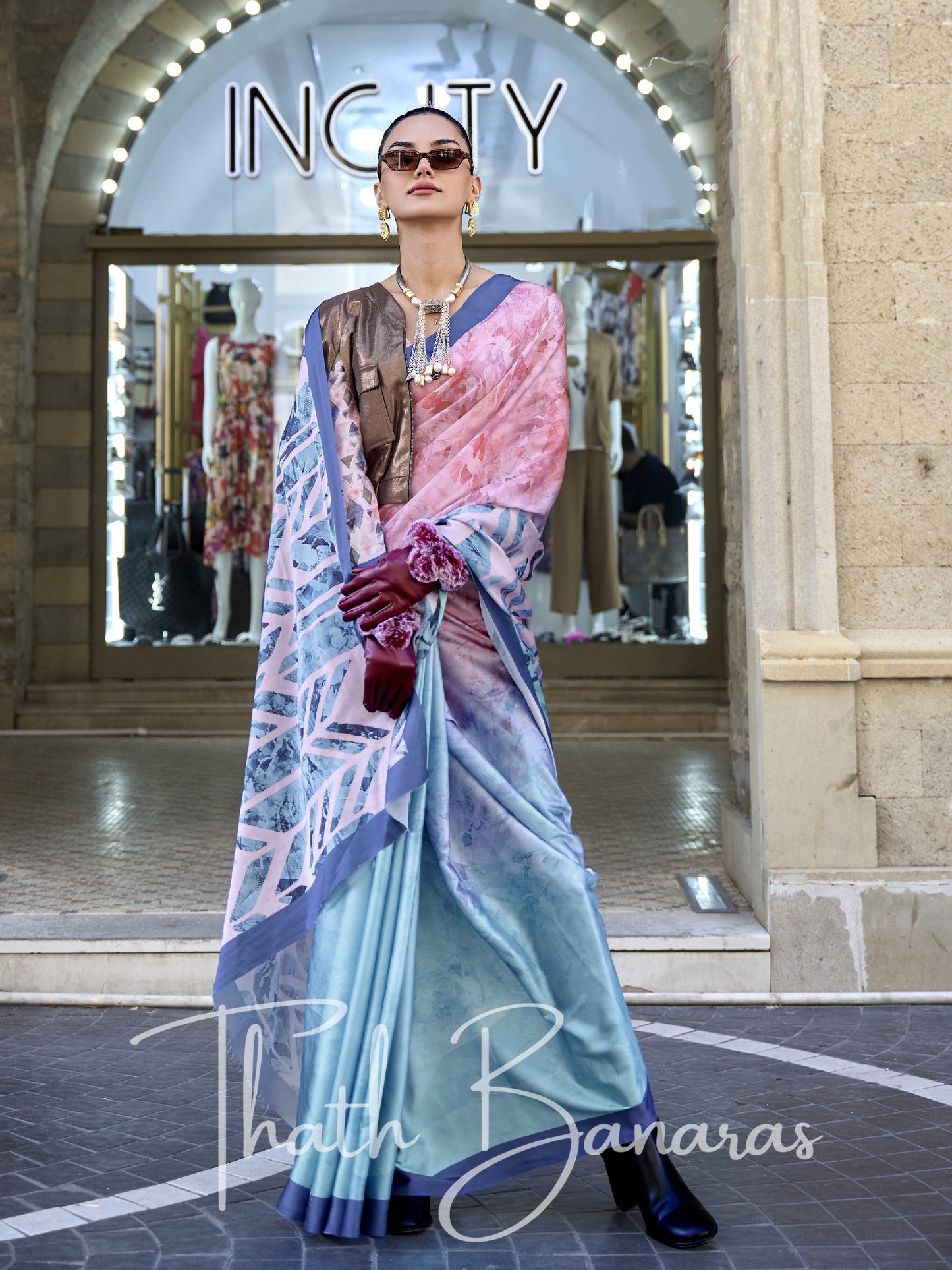 Sea Blue Satin Crepe Digital Print Saree