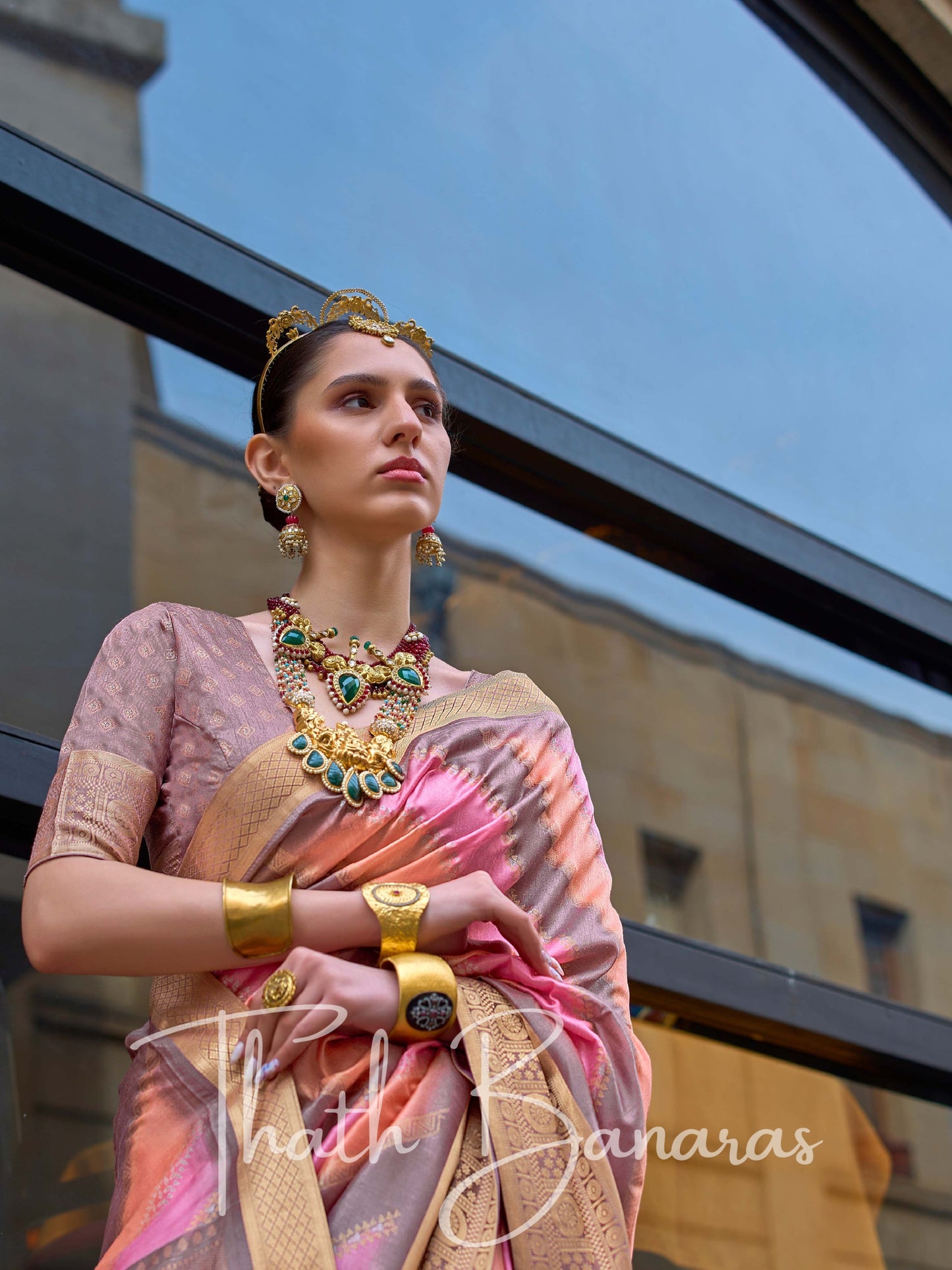 Pink & Grey Poly Viscose Silk with Aqua Finish