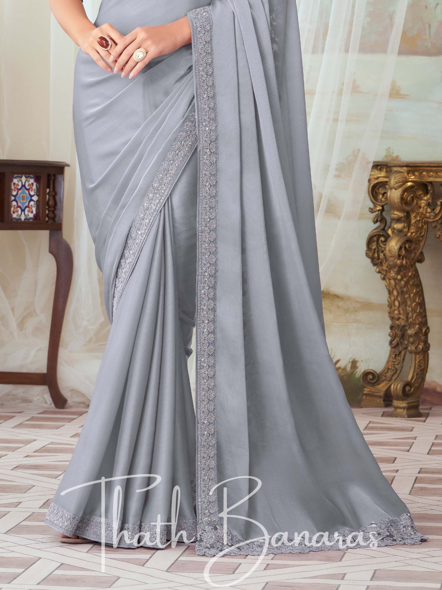 Dove Grey Glorious Silk with Fancy Fabric Work
