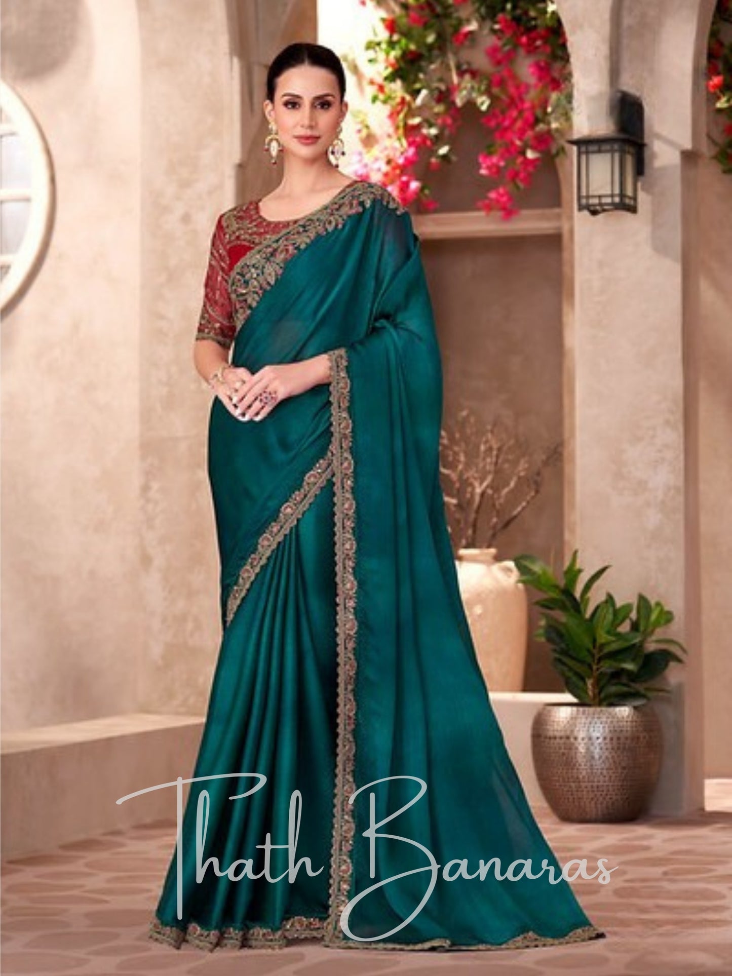 Turquoise and Red Embroidered Silk Blend Saree