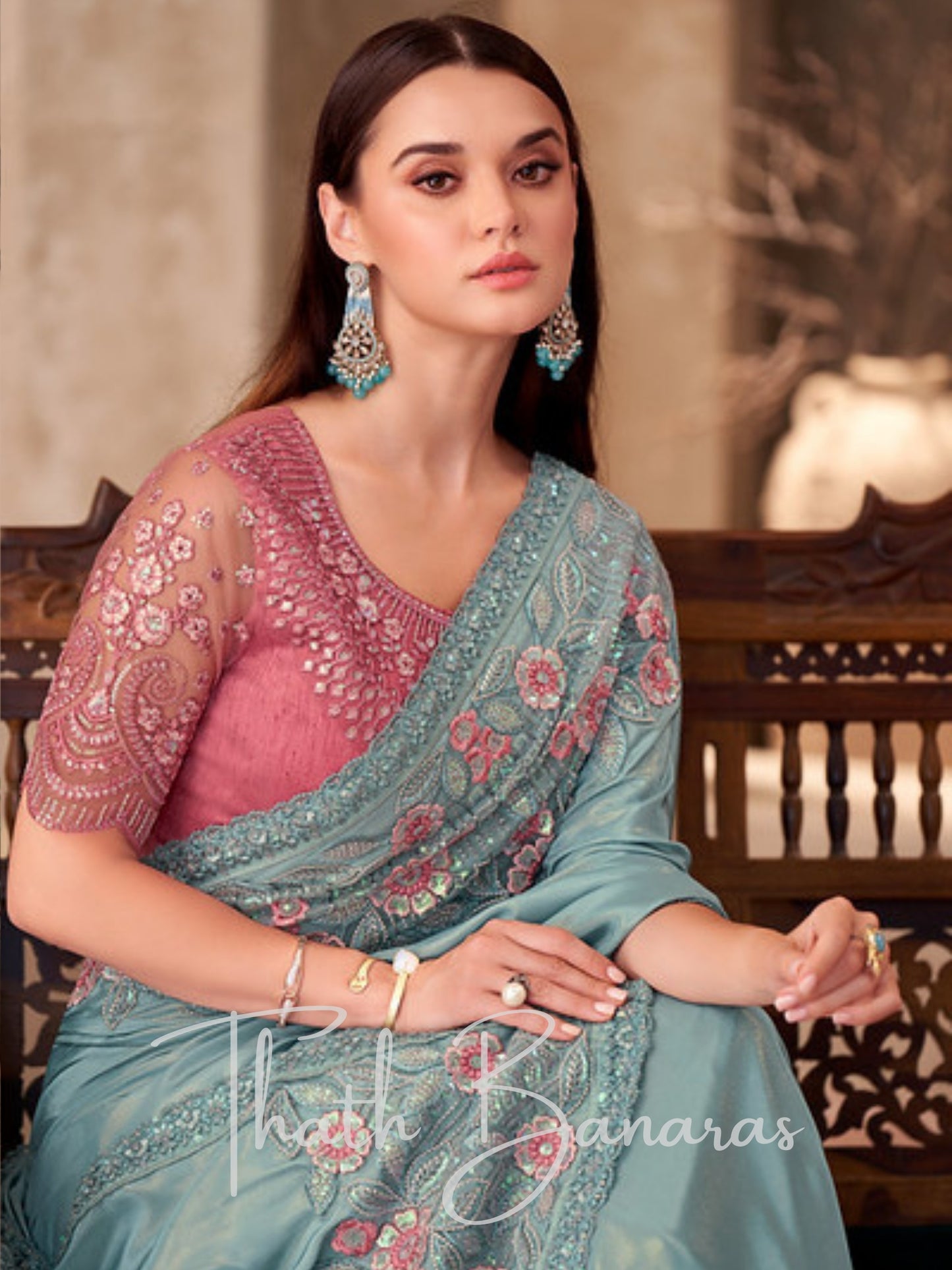 Elegant Sea Blue Floral Embroidered Designer Saree with Contrasting Pink Blouse