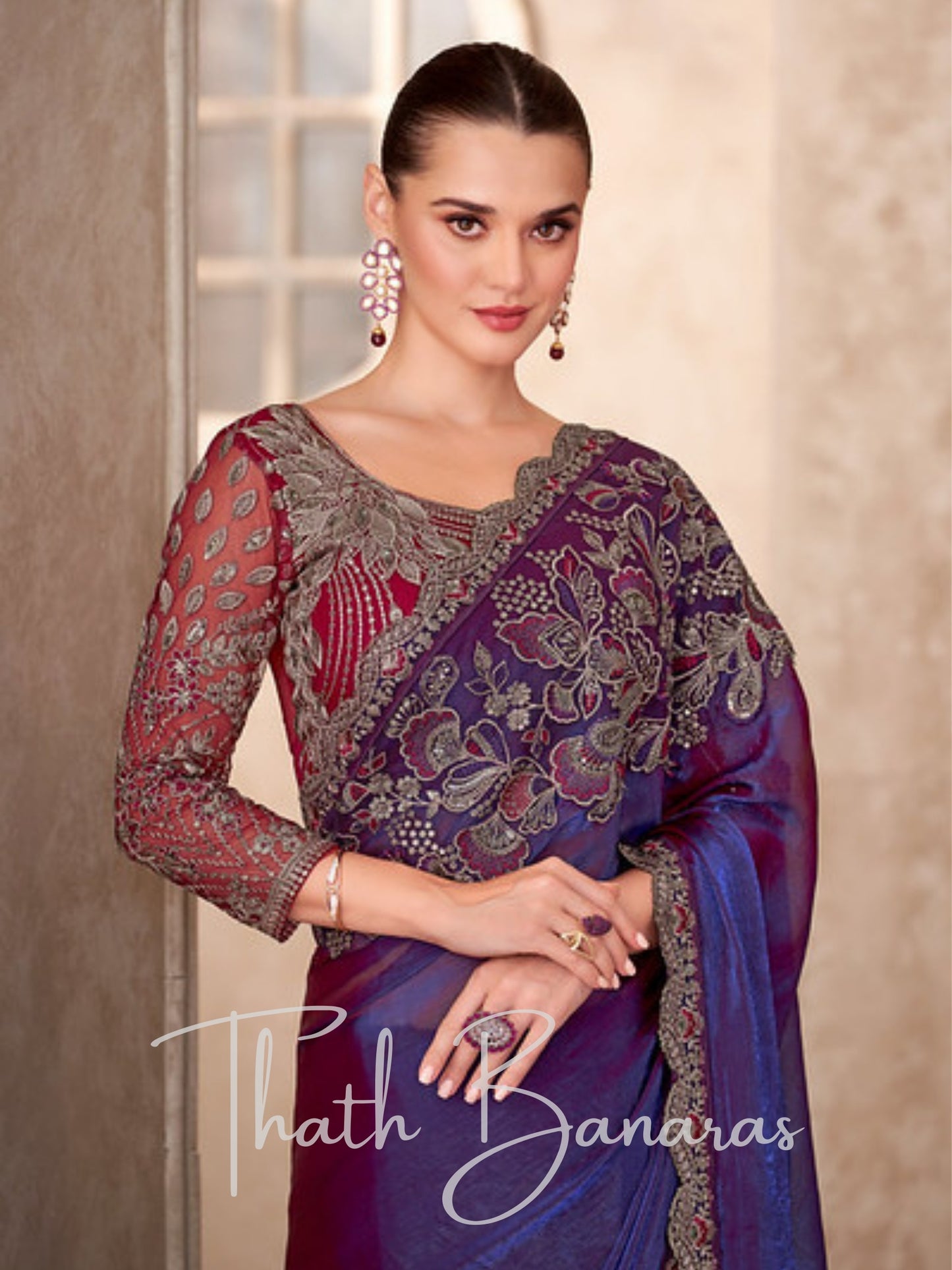 Regal Purple Silk Blend Saree with delicate Embroidery