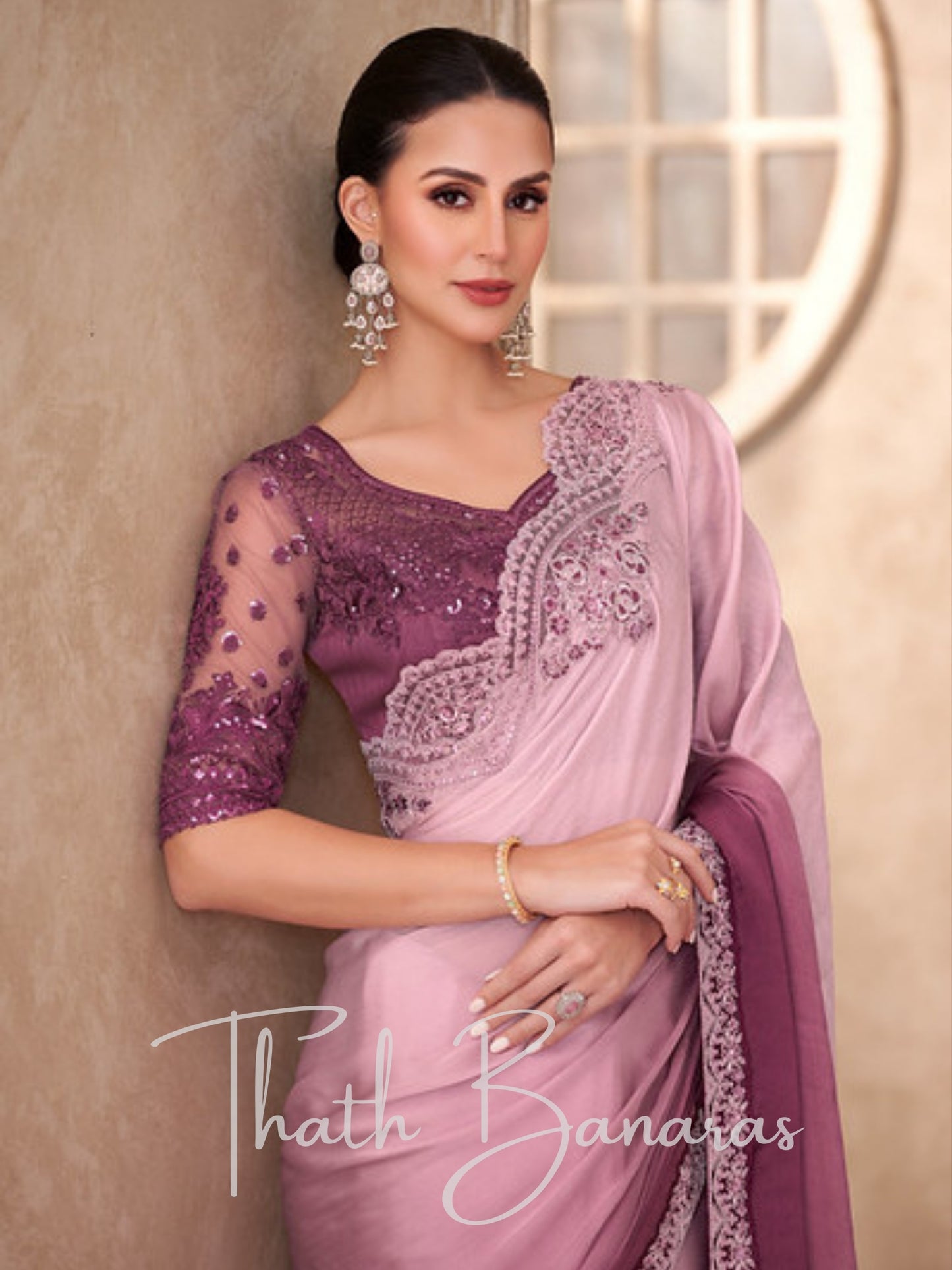 Elegant Pink Ombré Embroidered Silk Saree