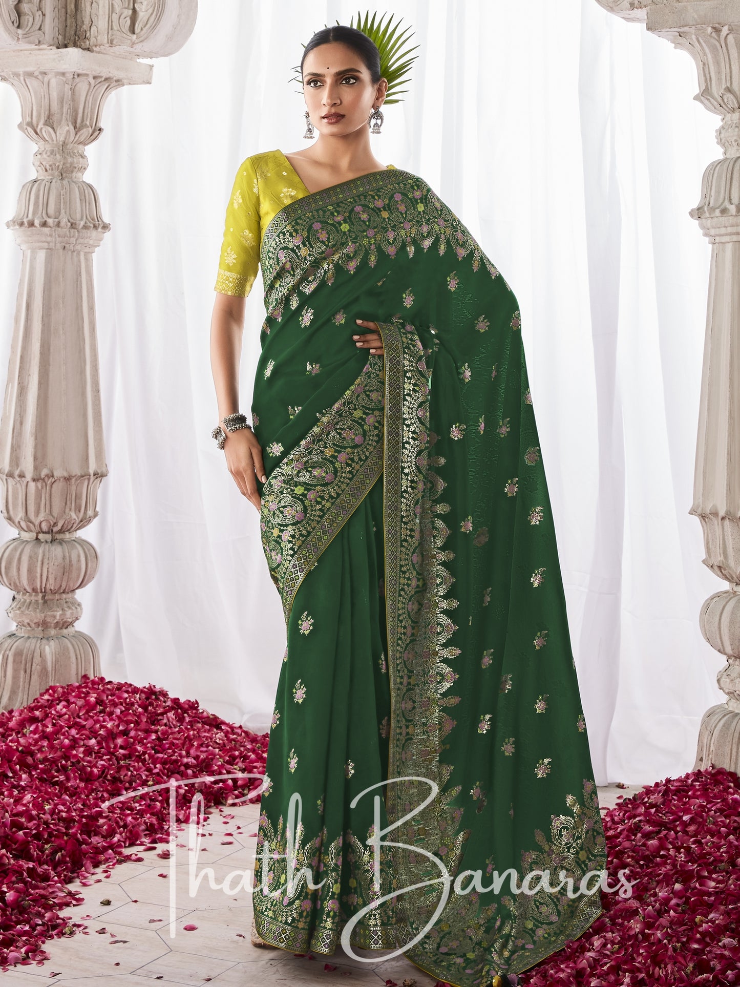 Green Kora Silk with Designer Minakari Pallu & Fancy Blouse