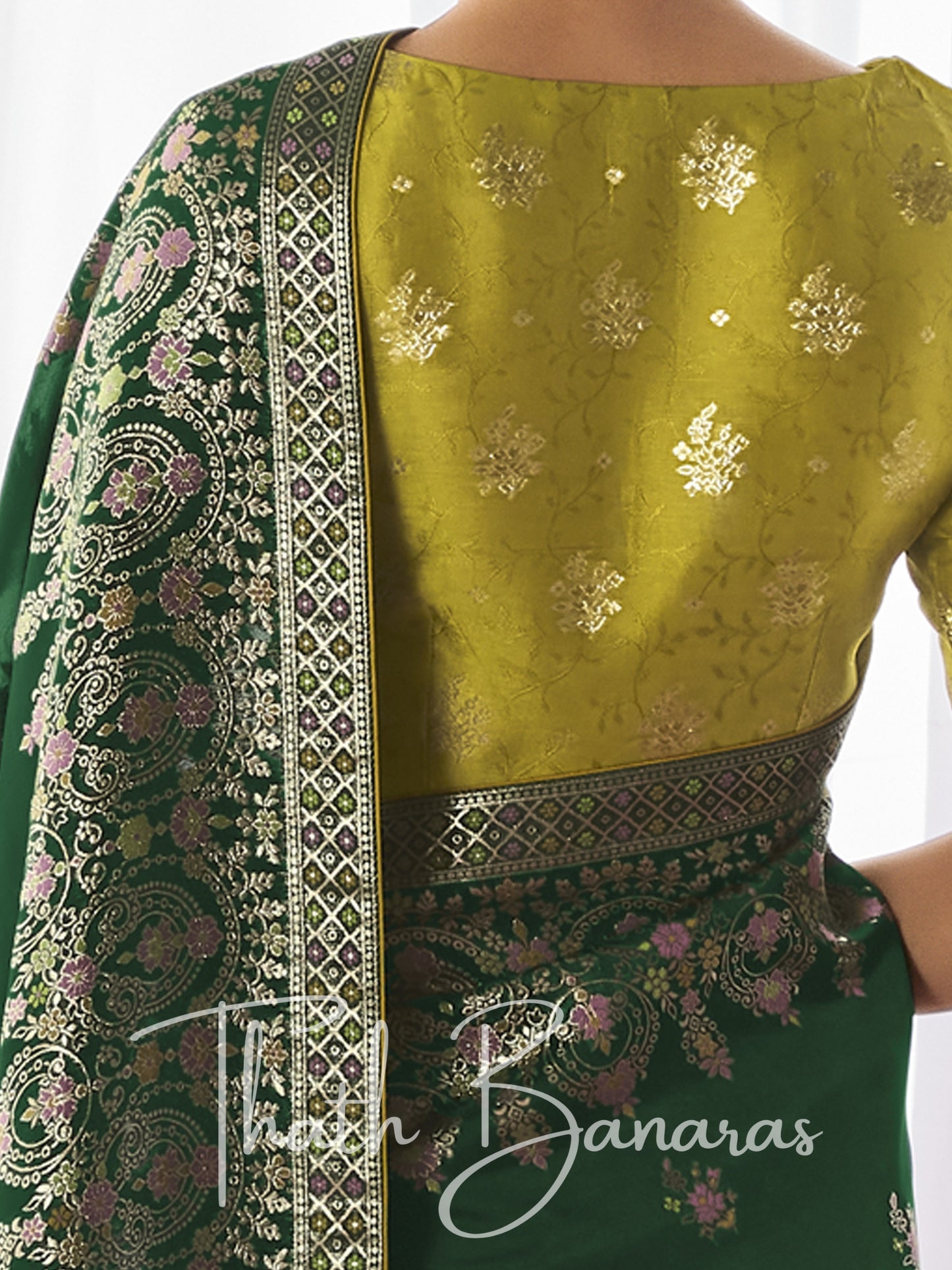 Green Kora Silk with Designer Minakari Pallu & Fancy Blouse