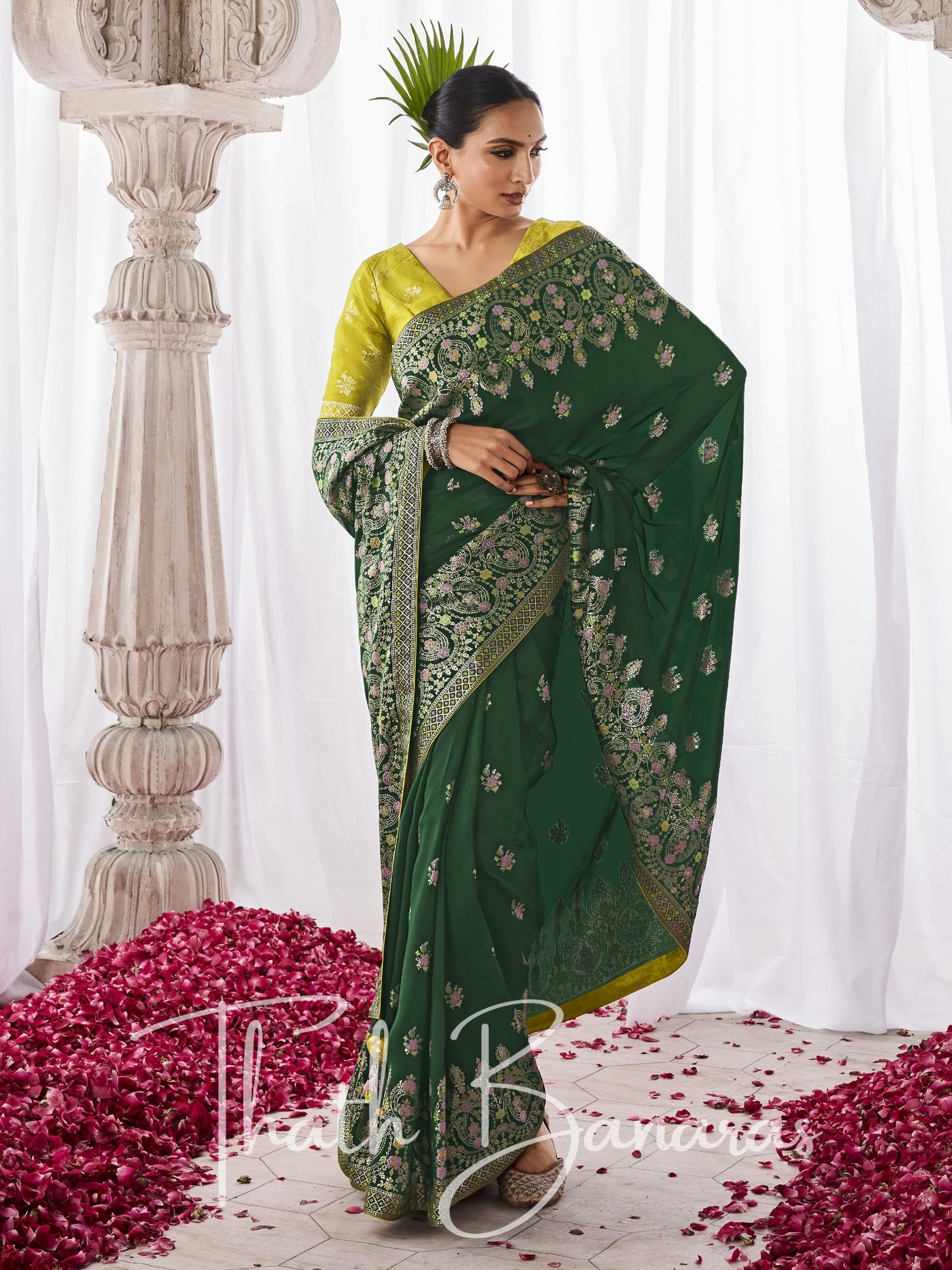 Green Kora Silk with Designer Minakari Pallu & Fancy Blouse