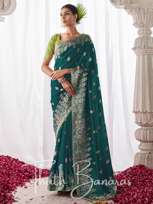 Teal Green Kora Silk with Designer Minakari Pallu & Fancy Blouse