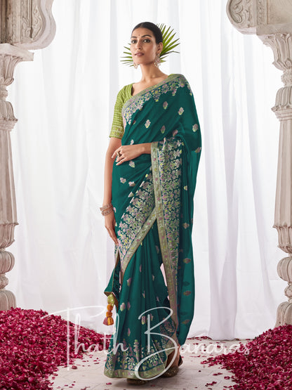 Teal Green Kora Silk with Designer Minakari Pallu & Fancy Blouse