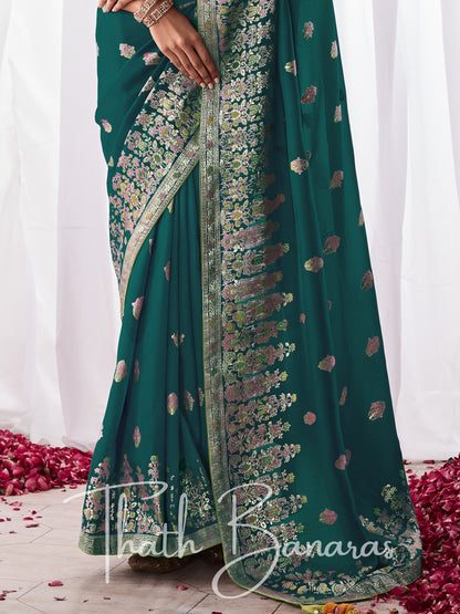 Teal Green Kora Silk with Designer Minakari Pallu & Fancy Blouse