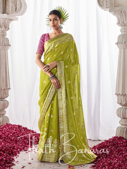 Parrot Green Kora Silk with Designer Minakari Pallu & Fancy Blouse