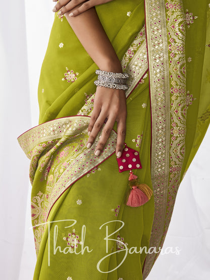 Parrot Green Kora Silk with Designer Minakari Pallu & Fancy Blouse