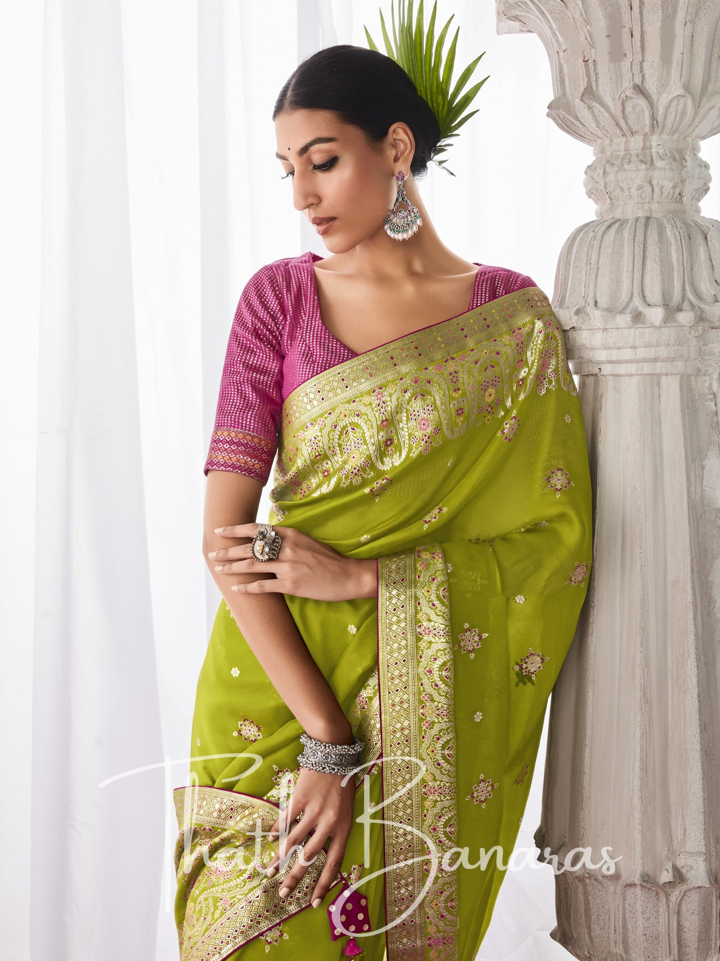 Parrot Green Kora Silk with Designer Minakari Pallu & Fancy Blouse