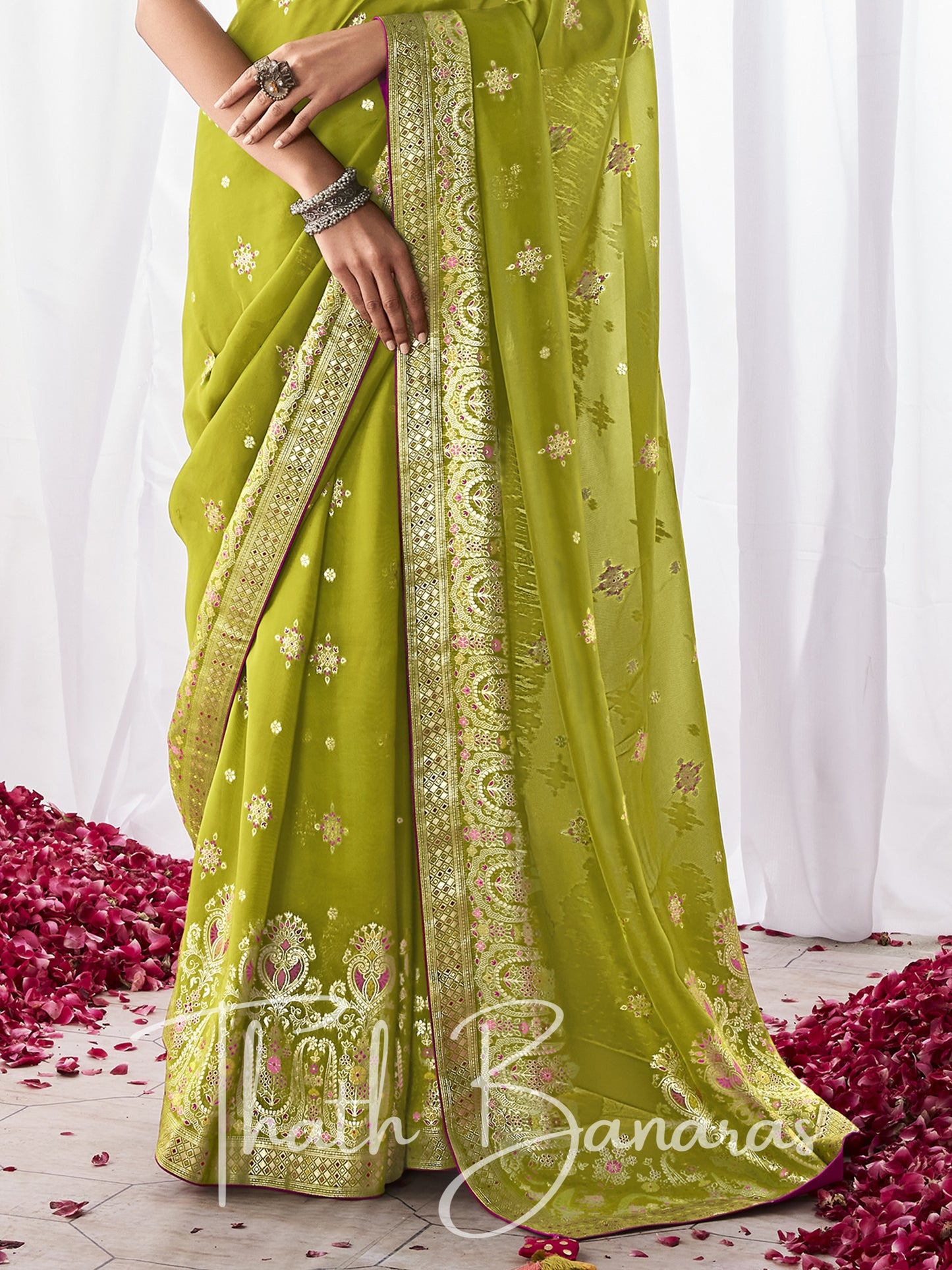 Parrot Green Kora Silk with Designer Minakari Pallu & Fancy Blouse