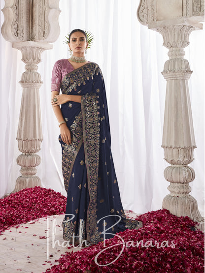 Navy Blue Kora Silk with Designer Minakari Pallu & Fancy Blouse