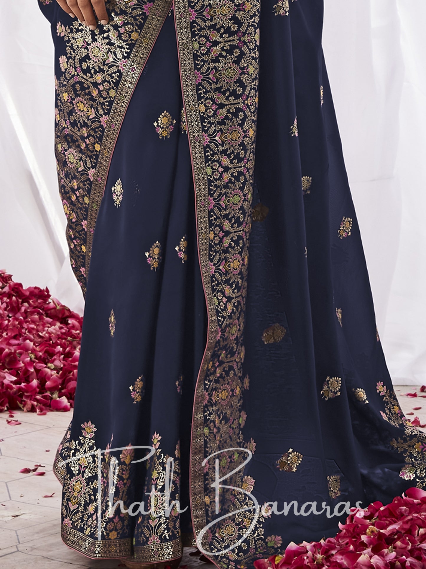 Navy Blue Kora Silk with Designer Minakari Pallu & Fancy Blouse