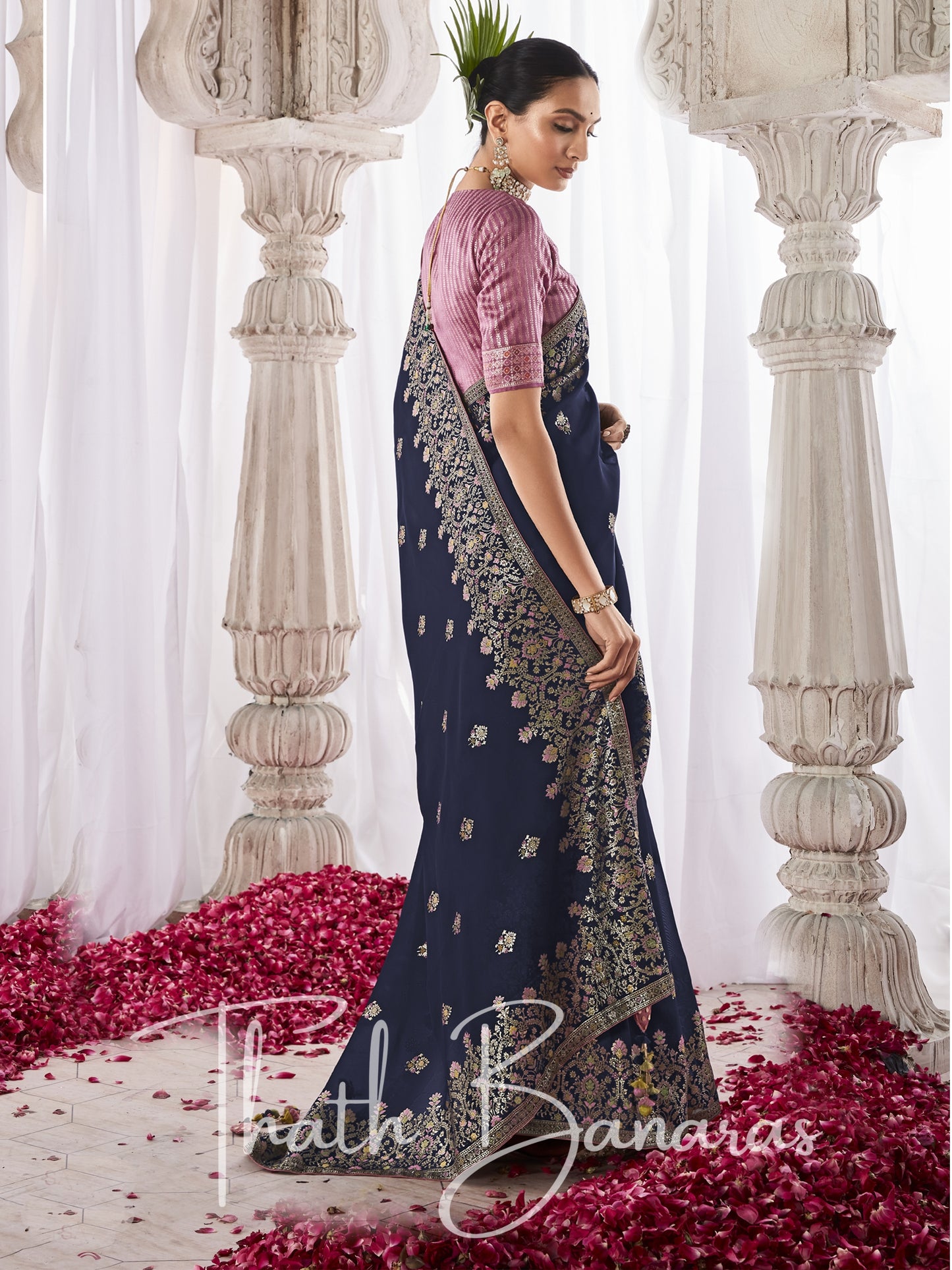 Navy Blue Kora Silk with Designer Minakari Pallu & Fancy Blouse