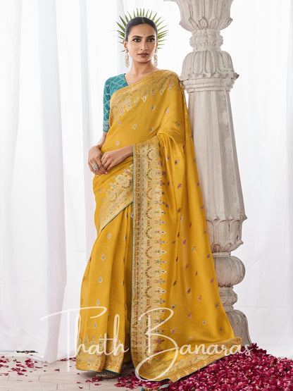 Mustard Yellow Kora Silk with Designer Minakari Pallu & Fancy Blouse