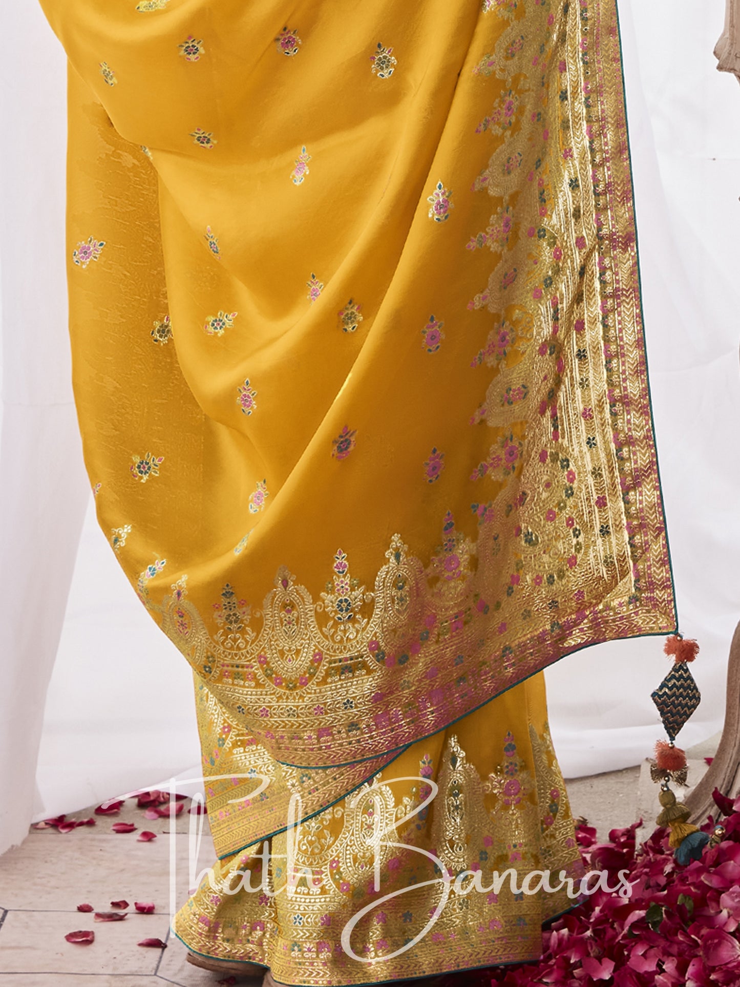 Mustard Yellow Kora Silk with Designer Minakari Pallu & Fancy Blouse