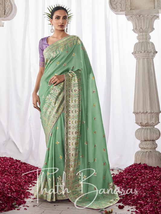 Sea Green Kora Silk with Designer Minakari Pallu & Fancy Blouse