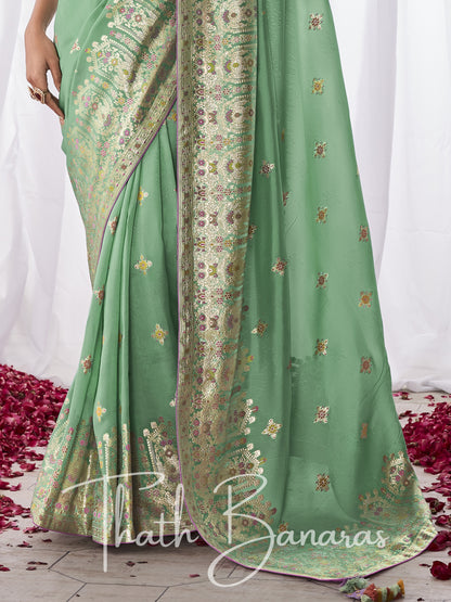 Sea Green Kora Silk with Designer Minakari Pallu & Fancy Blouse