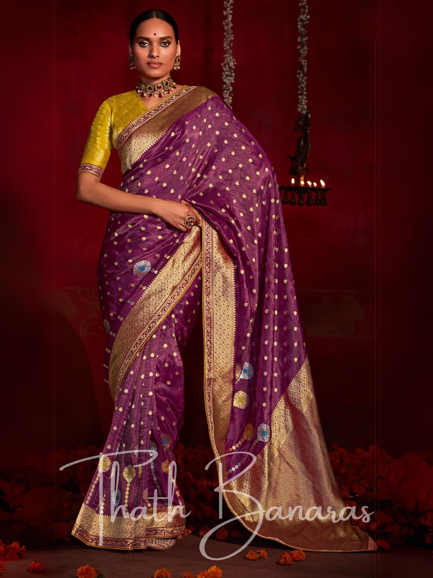 purple-yellow Khadi minakari saree with gold & silver ethnic zari embroidery