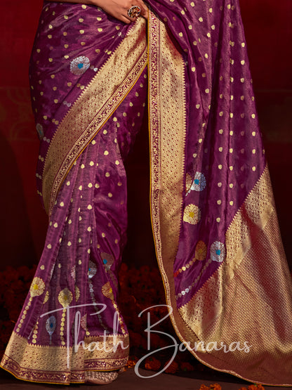 purple-yellow Khadi minakari saree with gold & silver ethnic zari embroidery