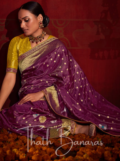 purple-yellow Khadi minakari saree with gold & silver ethnic zari embroidery