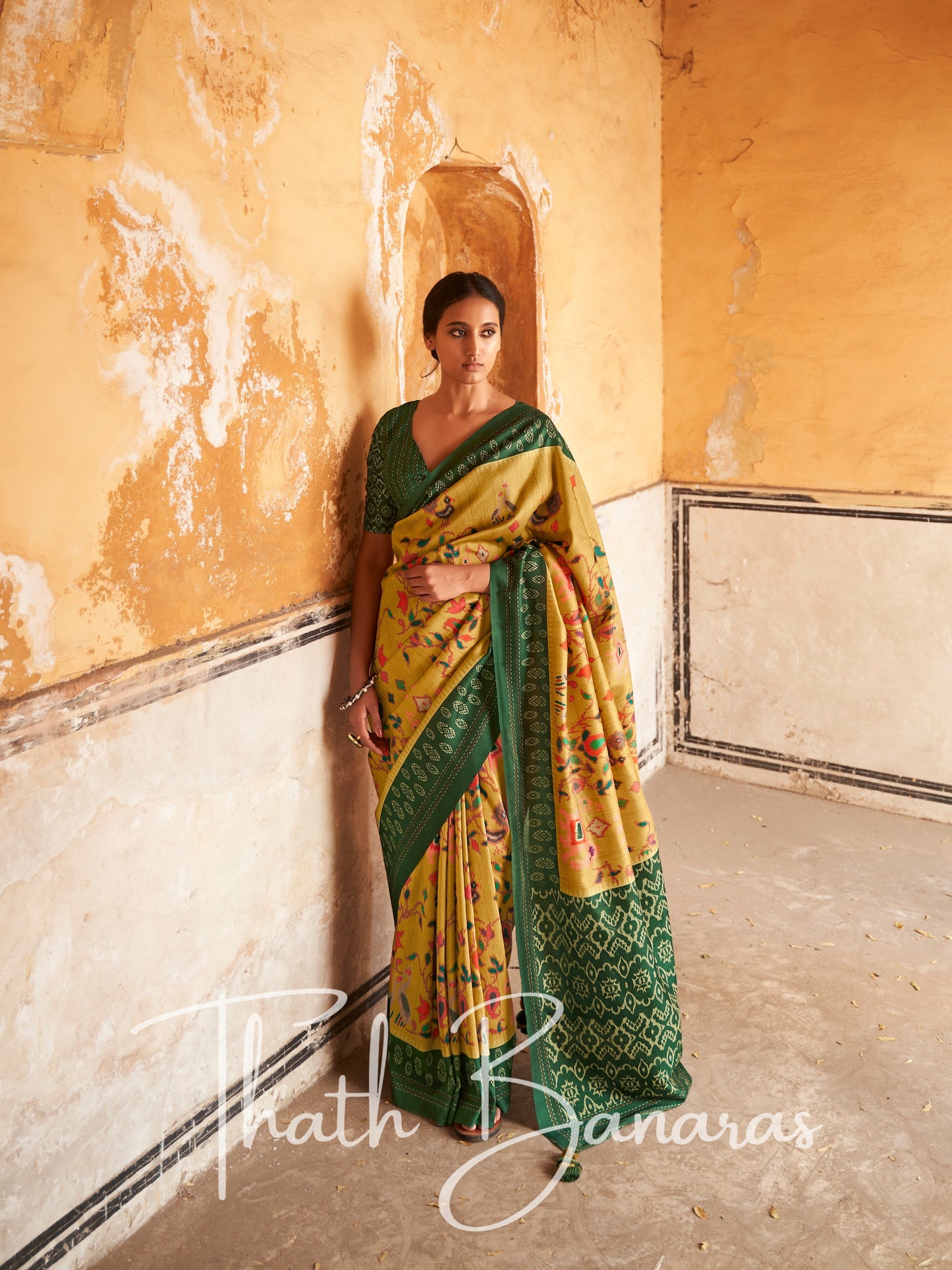 Mustard yellow Tussar Silk Saree With Embroidered Blouse