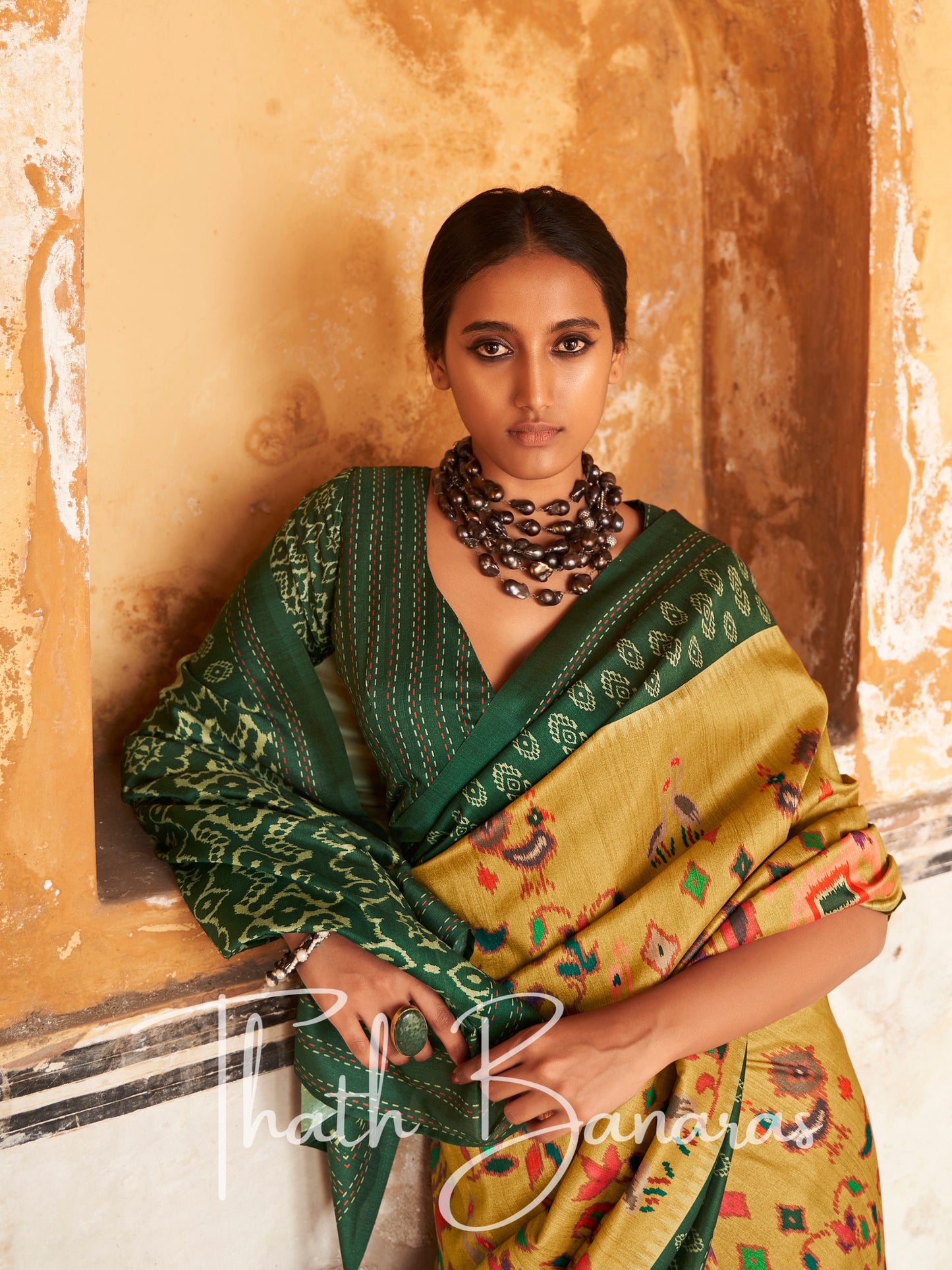 Mustard yellow Tussar Silk Saree With Embroidered Blouse