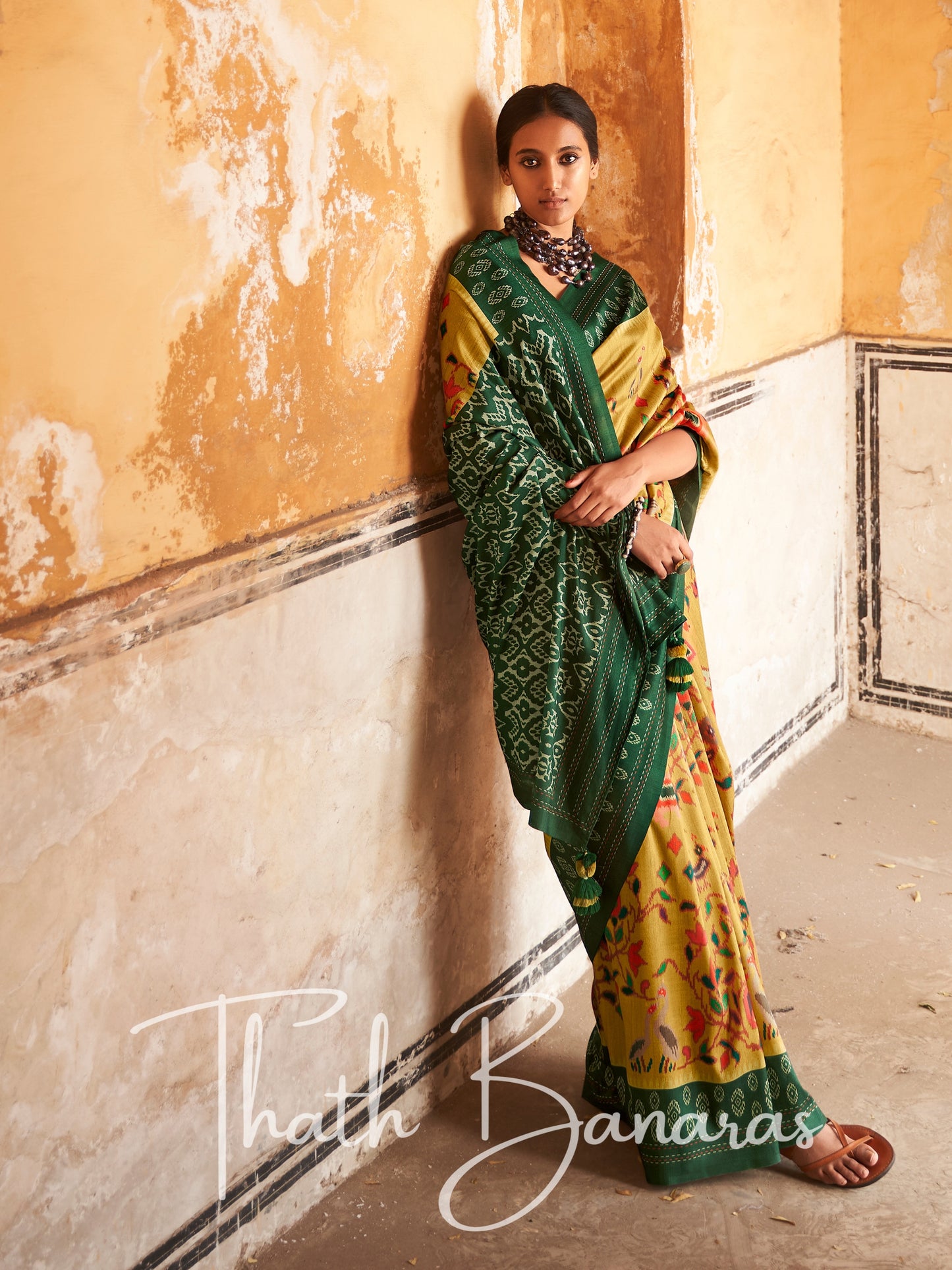 Mustard yellow Tussar Silk Saree With Embroidered Blouse