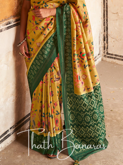 Mustard yellow Tussar Silk Saree With Embroidered Blouse