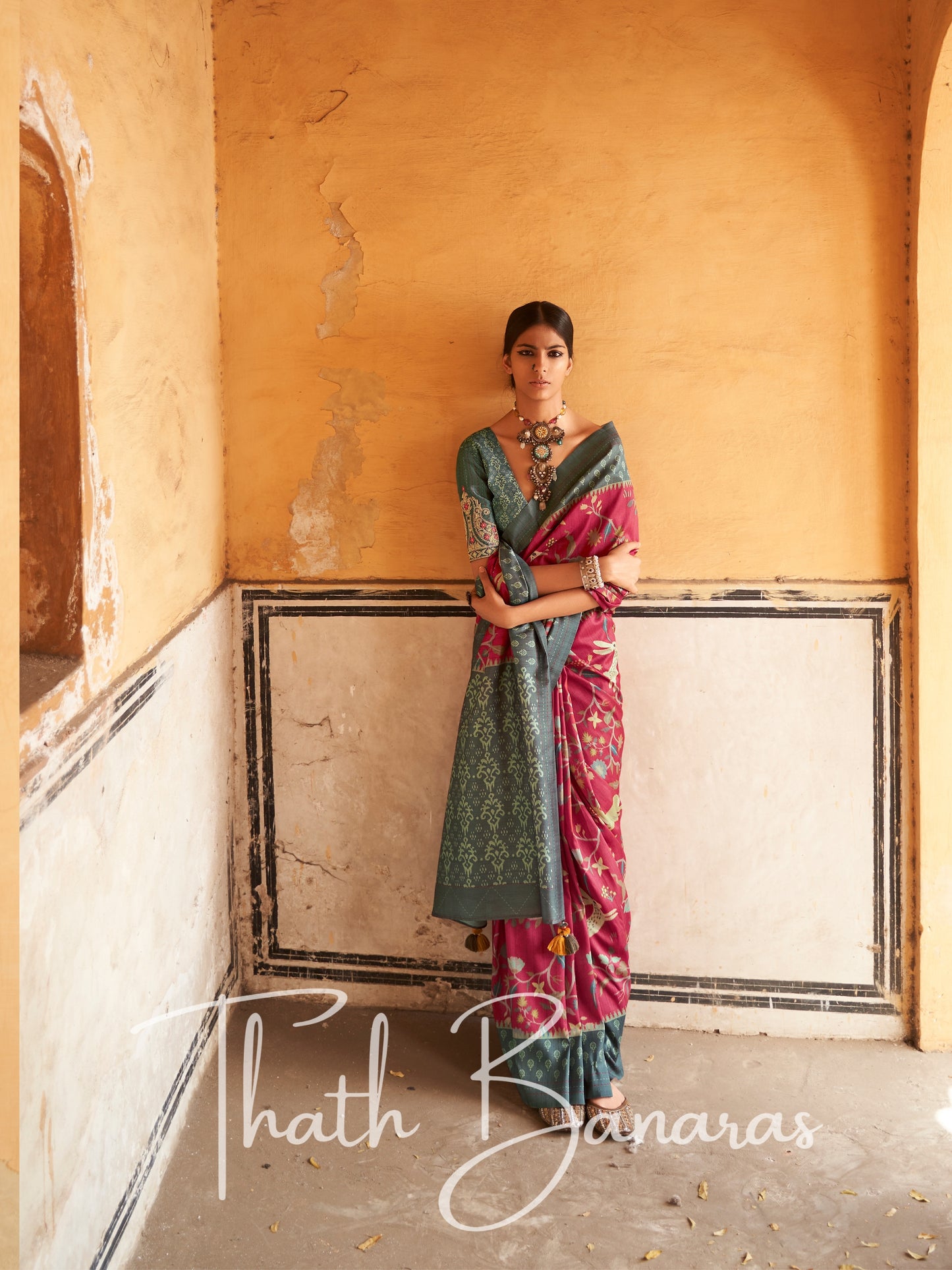 Pink and Grey Tussar Silk Saree With Embroidered Blouse