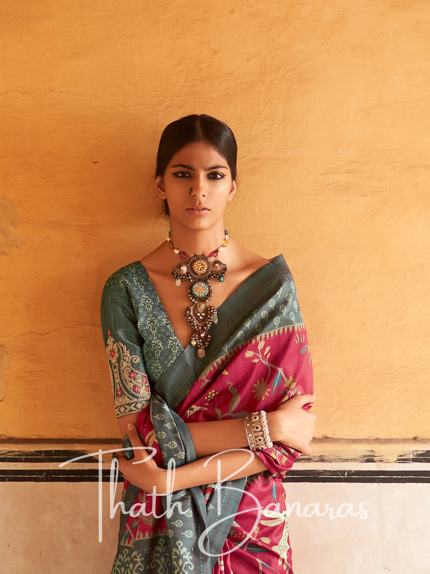 Pink and Grey Tussar Silk Saree With Embroidered Blouse