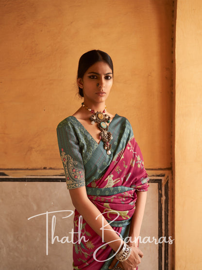 Pink and Grey Tussar Silk Saree With Embroidered Blouse