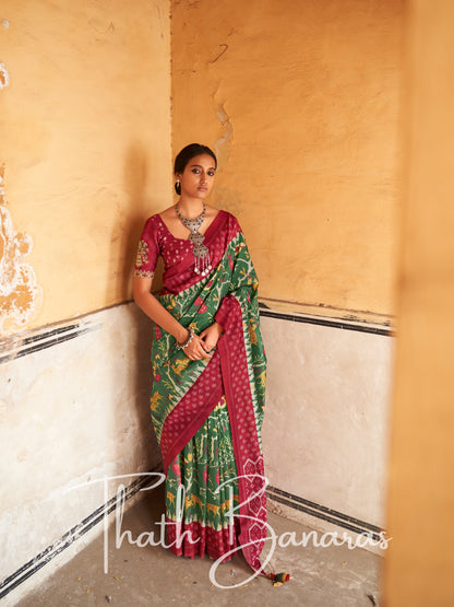 Green Tussar Silk Saree With Embroidered Blouse