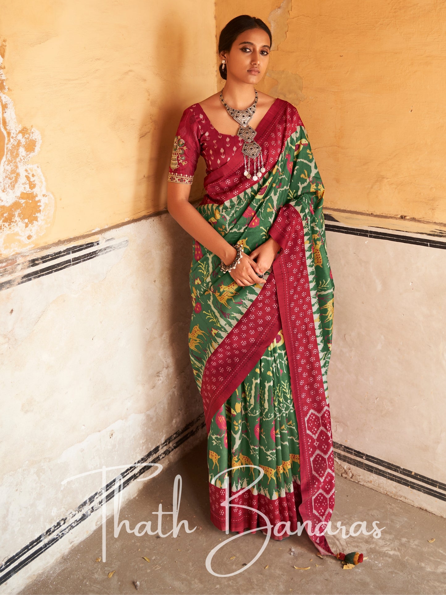 Green Tussar Silk Saree With Embroidered Blouse