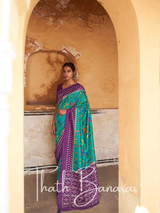 Cyan BlueTussar Silk Saree With Embroidered Blouse