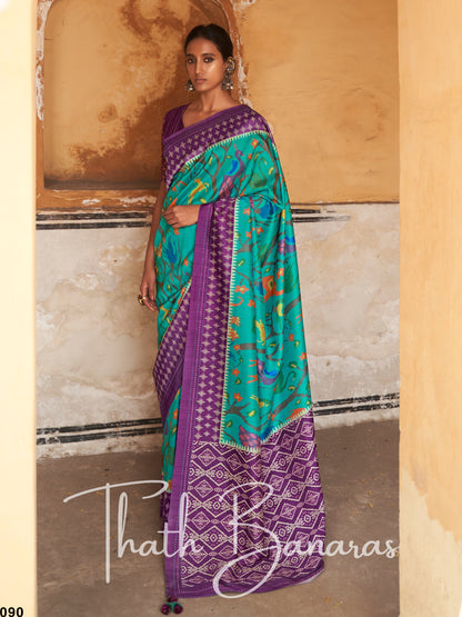 Cyan BlueTussar Silk Saree With Embroidered Blouse