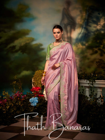 Pink and Majenta Fancy Fabric With Stitched Border with Designer Embroidery Worked Blouse