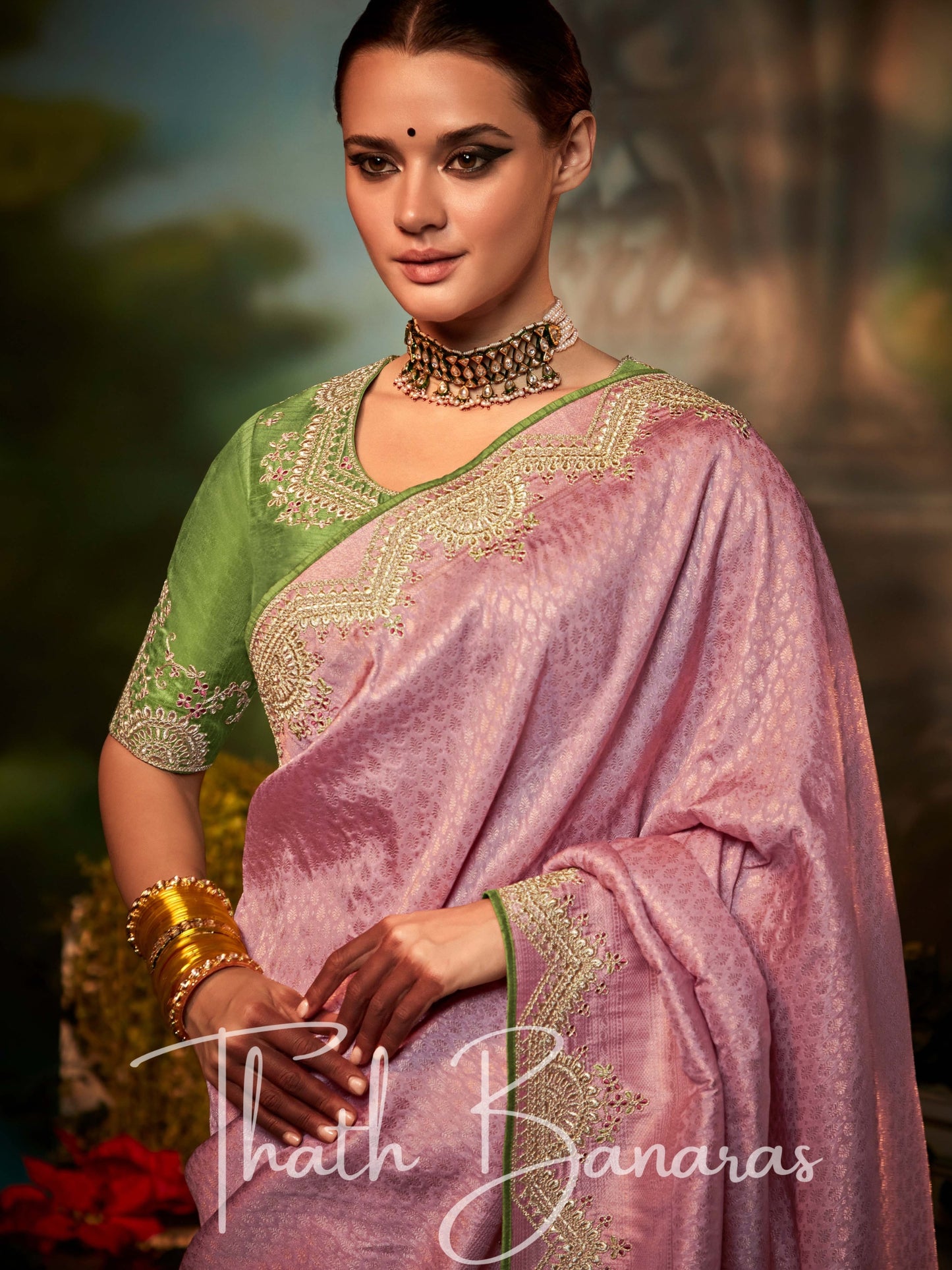 Pink and Majenta Fancy Fabric With Stitched Border with Designer Embroidery Worked Blouse