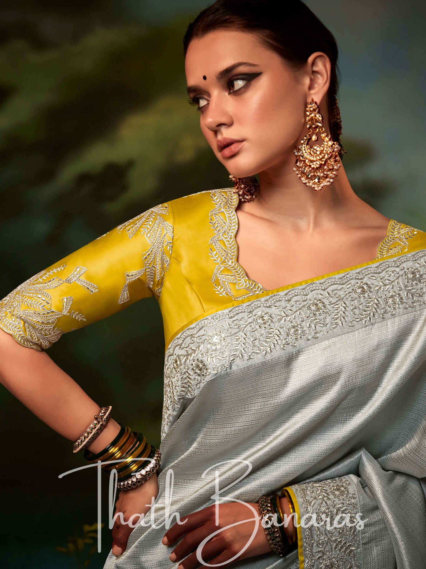 Silver Grey Fancy Fabric With Stitched Border with Designer Embroidery Worked Blouse