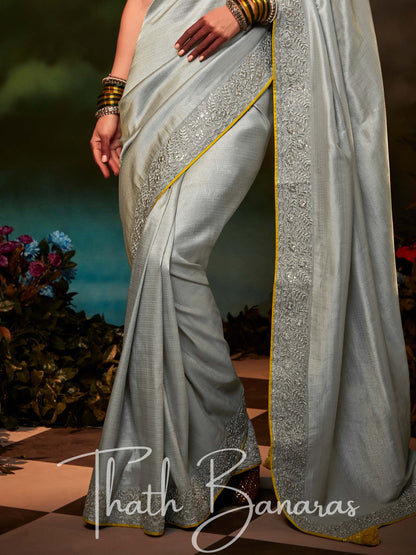 Silver Grey Fancy Fabric With Stitched Border with Designer Embroidery Worked Blouse