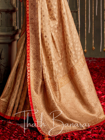 Golden brown and red Tissue Silk Fancy Fabric with Stitched Border and Designer Embroidery