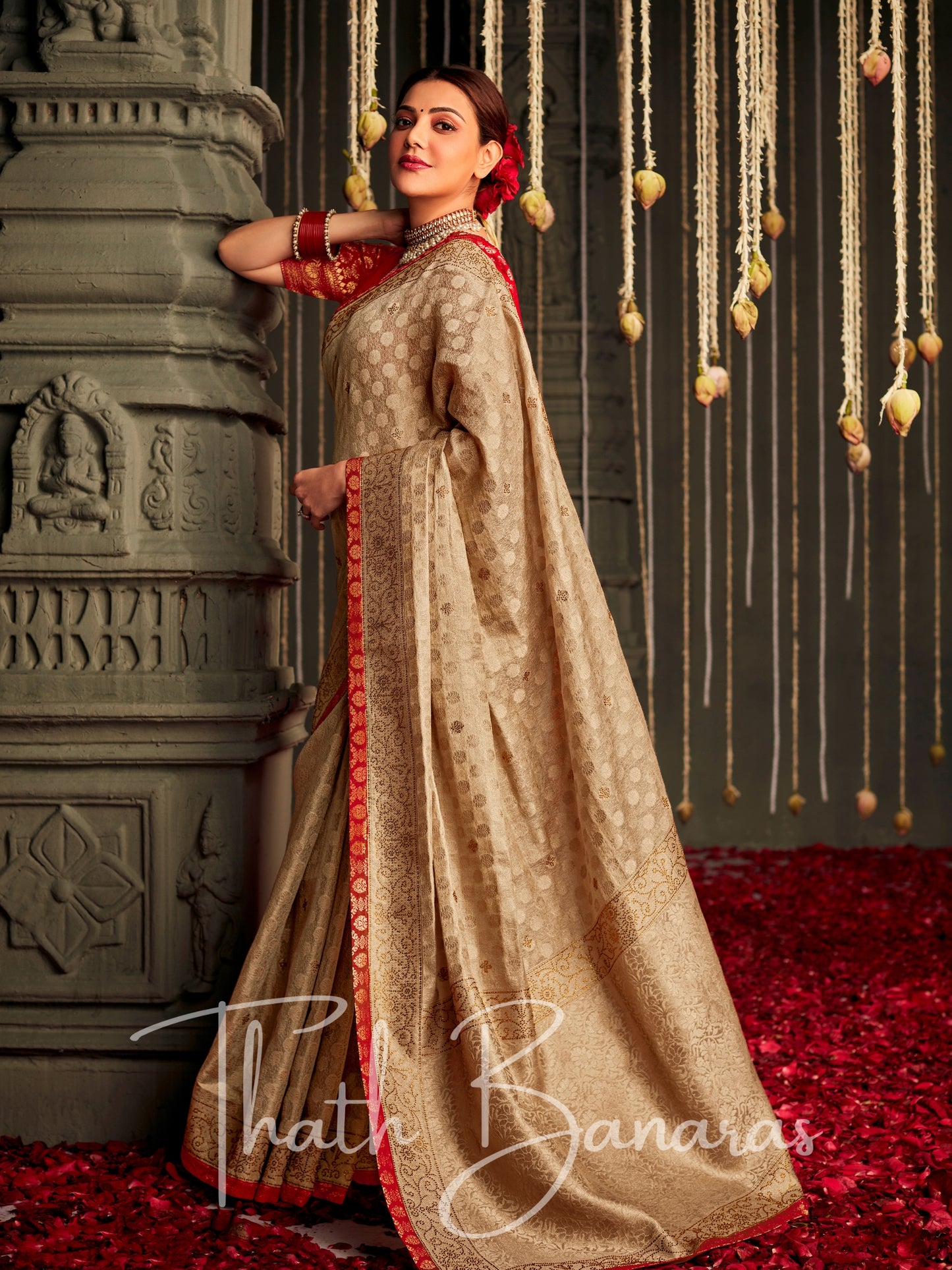 Golden brown and red Tissue Silk Fancy Fabric with Stitched Border and Designer Embroidery