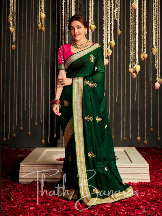 Dazzling green and magenta Tissue Silk Fancy Fabric with Stitched Border and Designer Embroidery