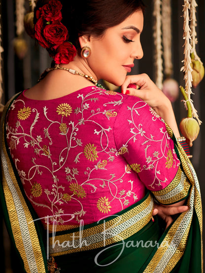 Dazzling green and magenta Tissue Silk Fancy Fabric with Stitched Border and Designer Embroidery