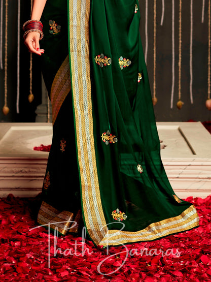 Dazzling green and magenta Tissue Silk Fancy Fabric with Stitched Border and Designer Embroidery