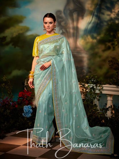 Light Cyan Fancy Fabric With Stitched Border with Designer Embroidery Worked Blouse